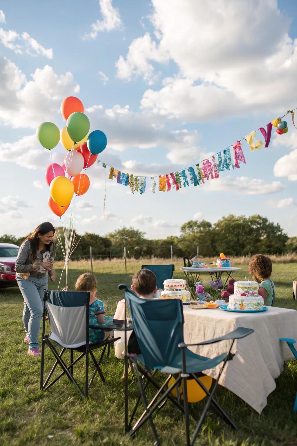 An intimate configuration for al fresco repasts ideally suited for a camping-themed natal anniversary.