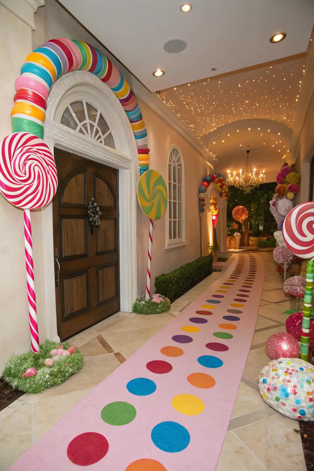 A candy-subjected threshold welcomes visitors to a sugary adventure.