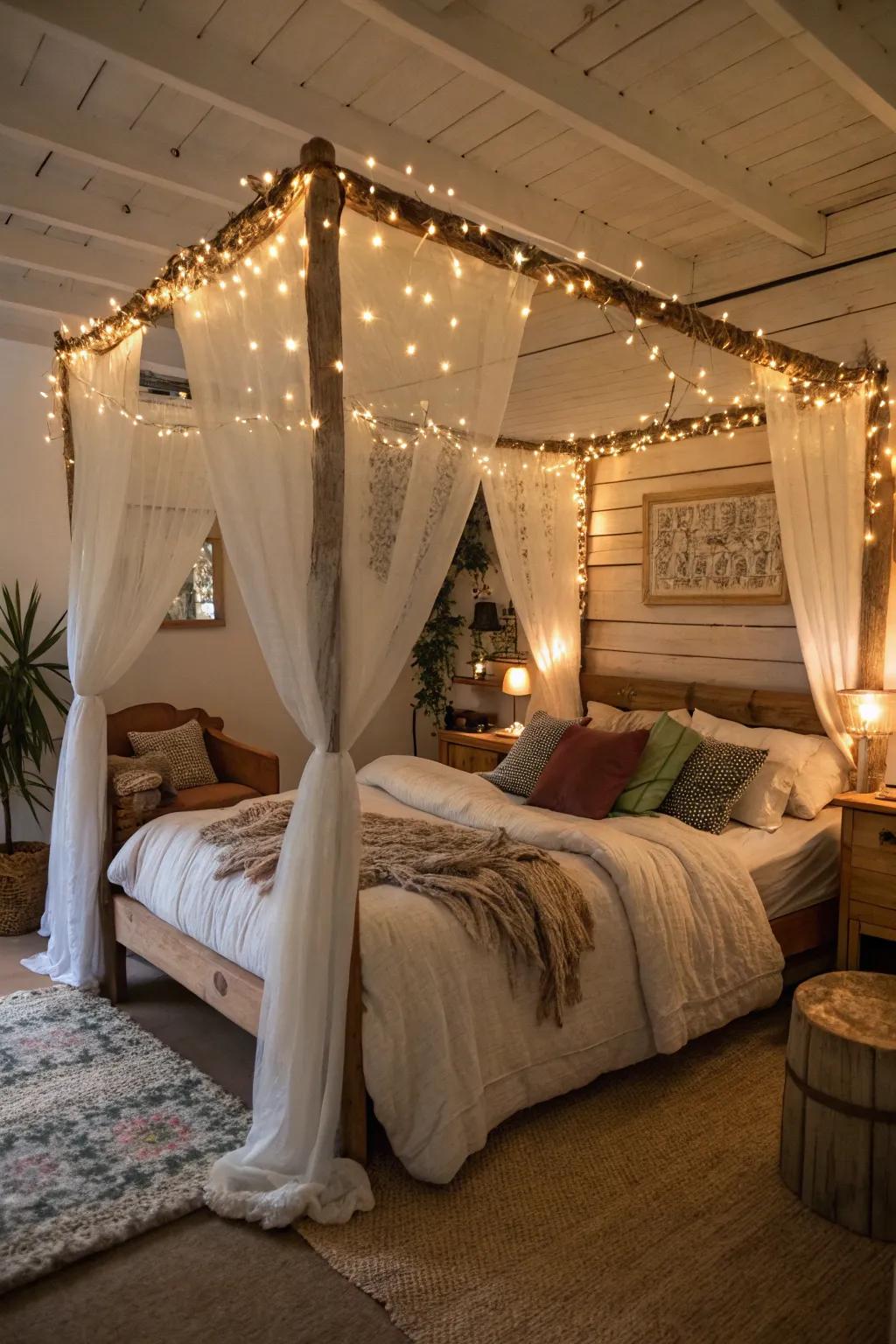 String lights illuminate a four-poster bed, fashioning a magical effect.