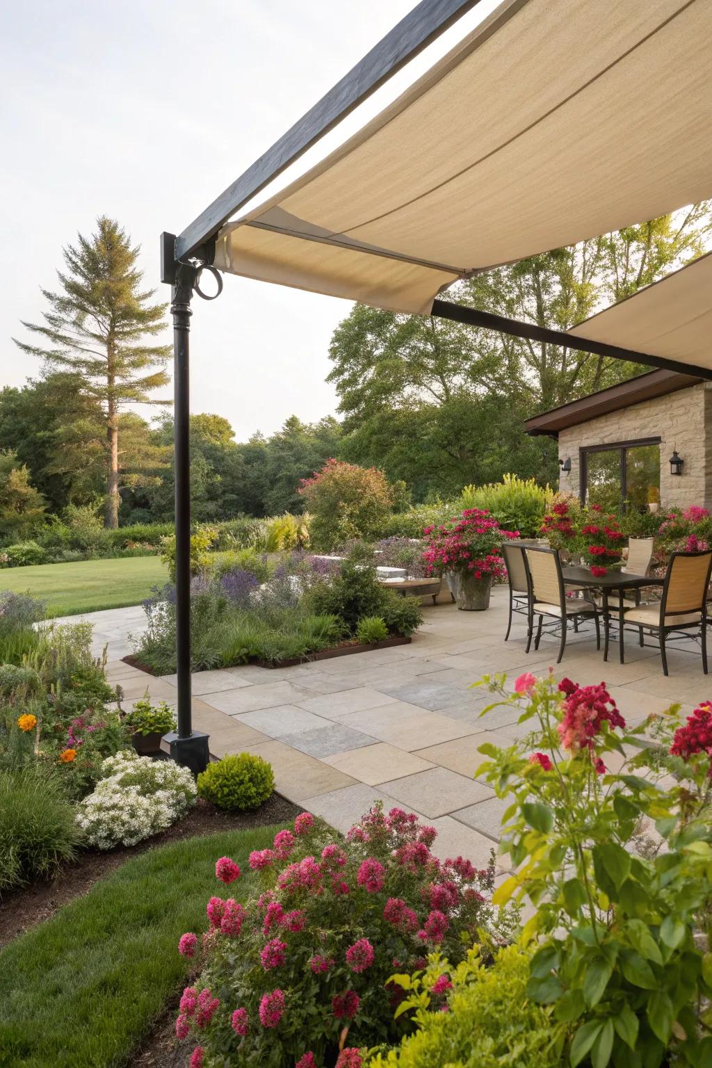 Seamlessly integrate canvas covers with garden greenery.