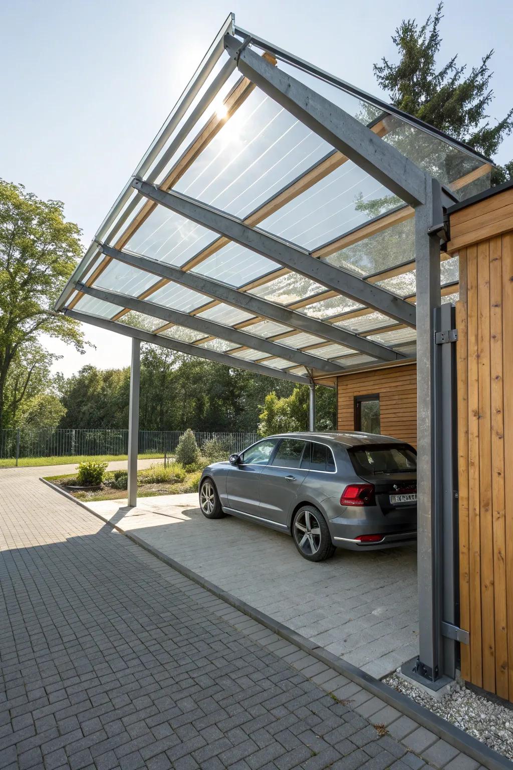 A dynamic carport design, combining steel, glass, and timber for distinctive appeal.