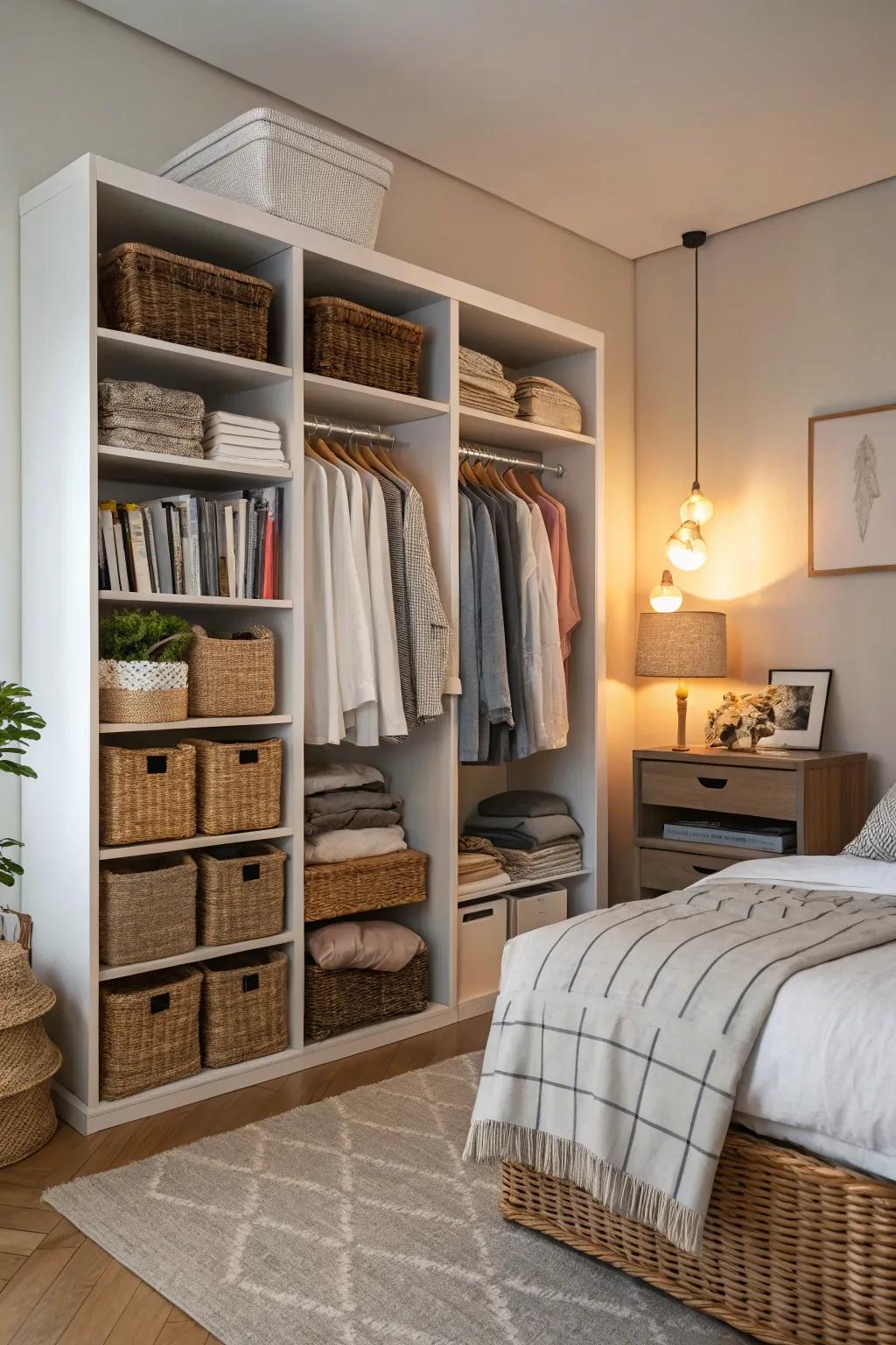 Fashionable storage maintains the space organized.
