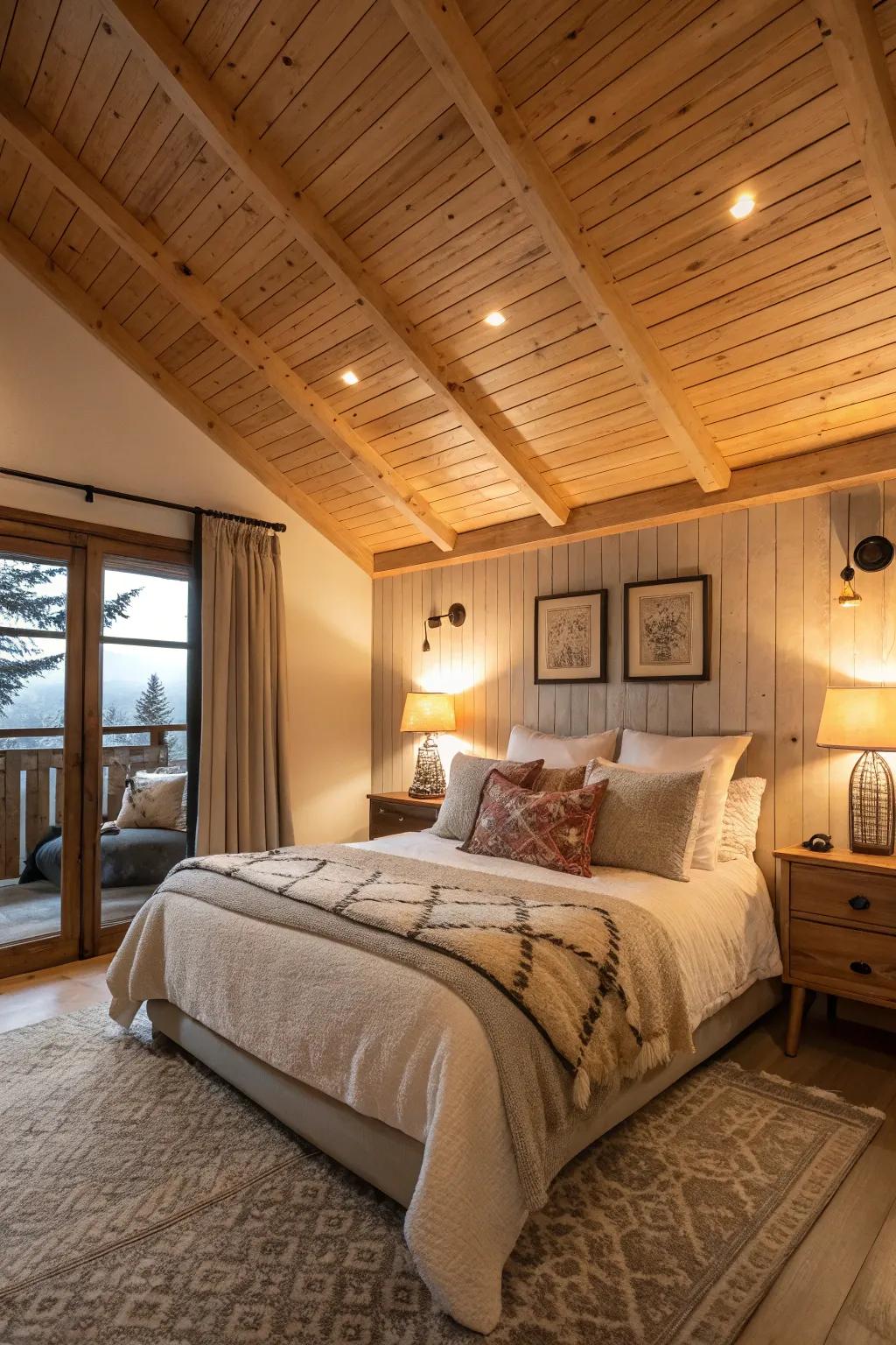 An inviting bedroom showcases a cedar ceiling, brimming with rustic charm.
