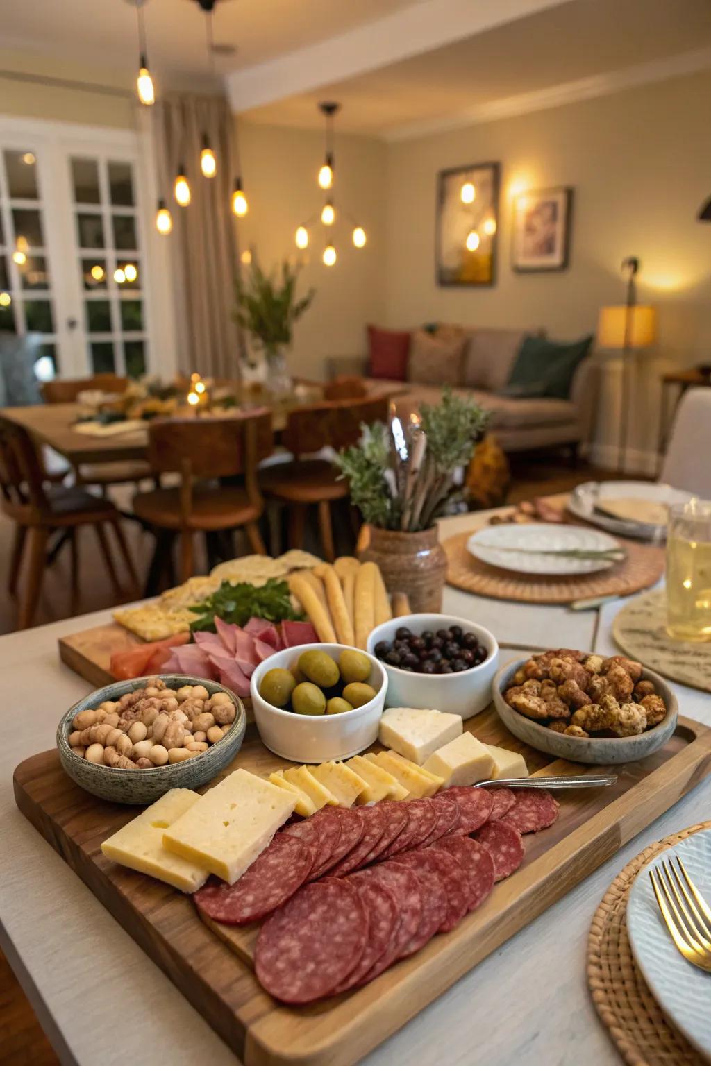 An interactive display with cured olives and roasted nuts.