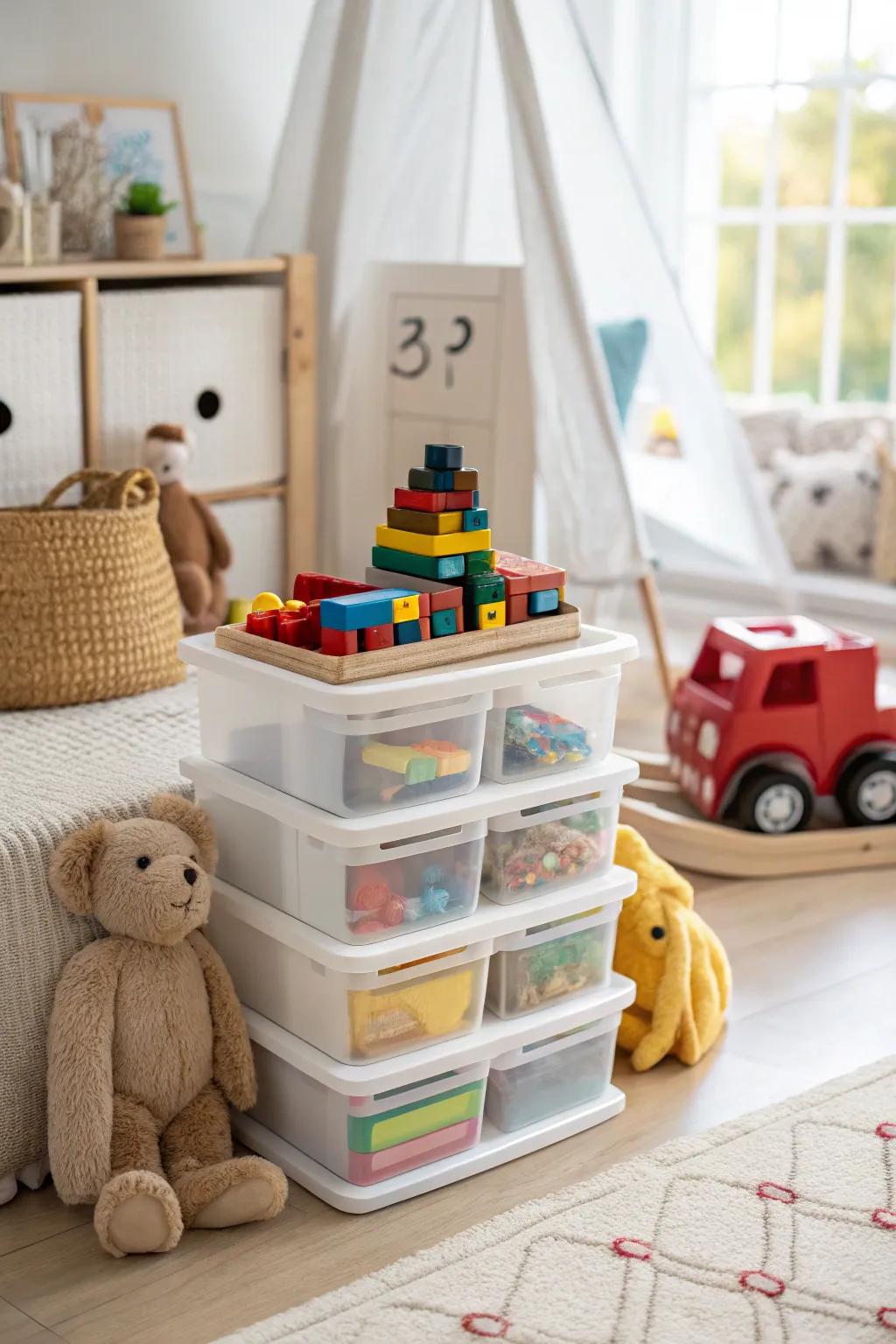 Stackable drawers present adaptable storage alternatives.