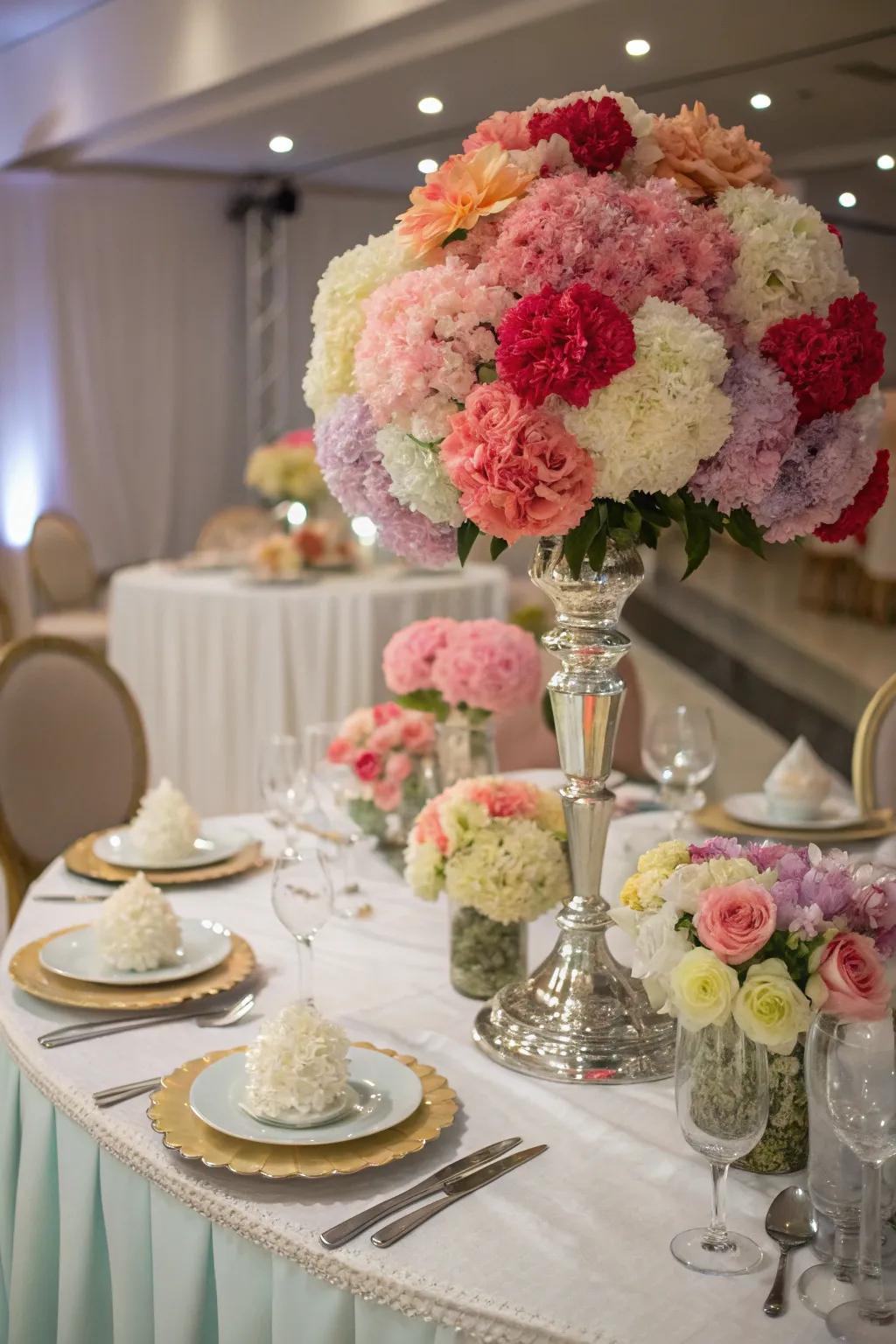 Pinks contribute charm and affordability to a wedding table arrangement.