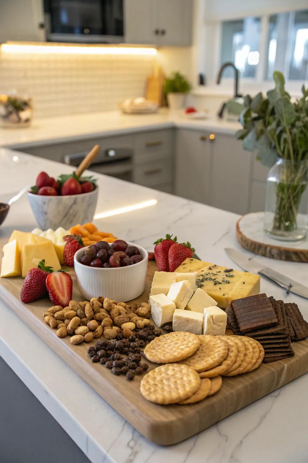 A cheese board featuring surprising, delightful elements.