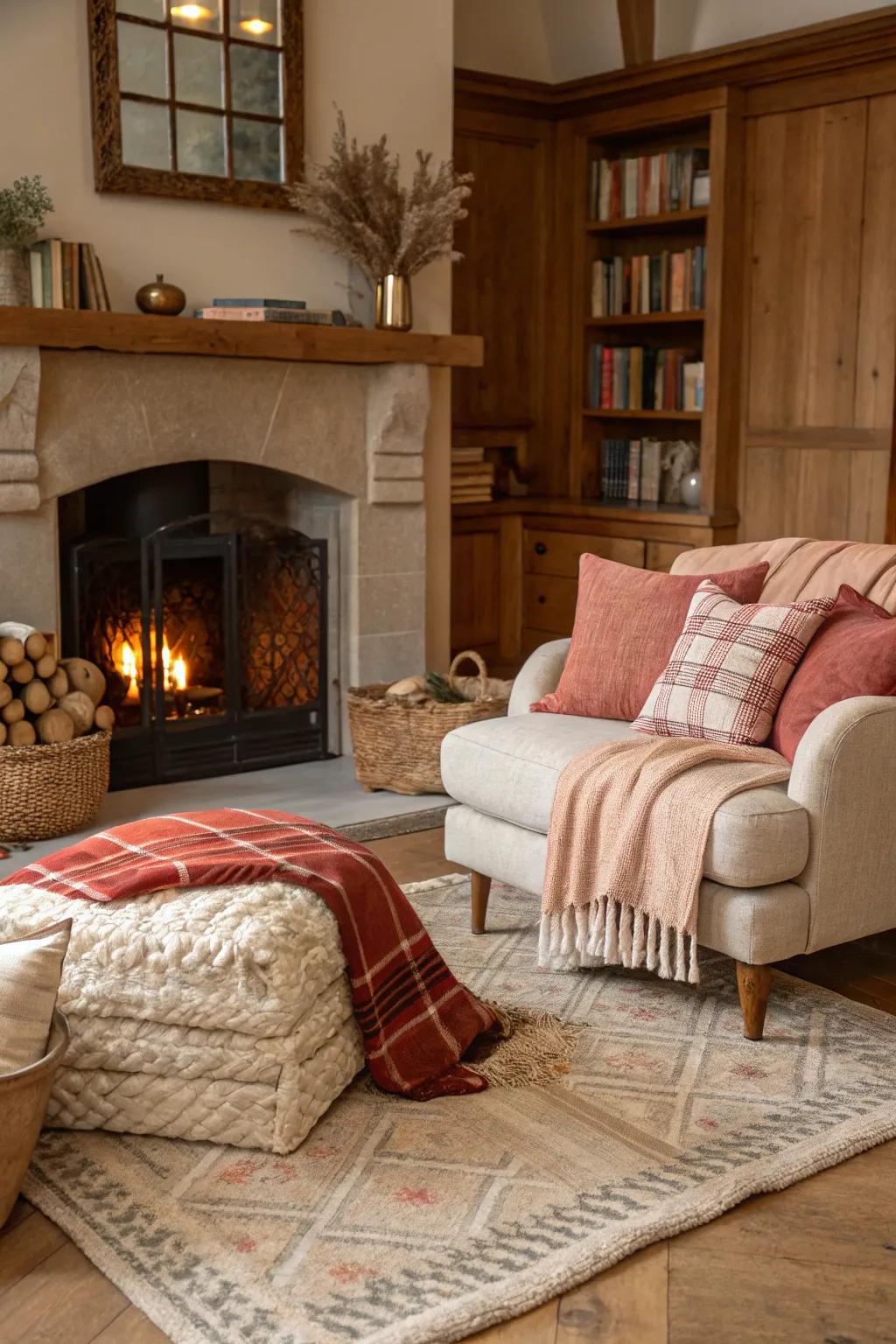 Tactile components enveloping the hearth engender a welcoming and comfortable haven.