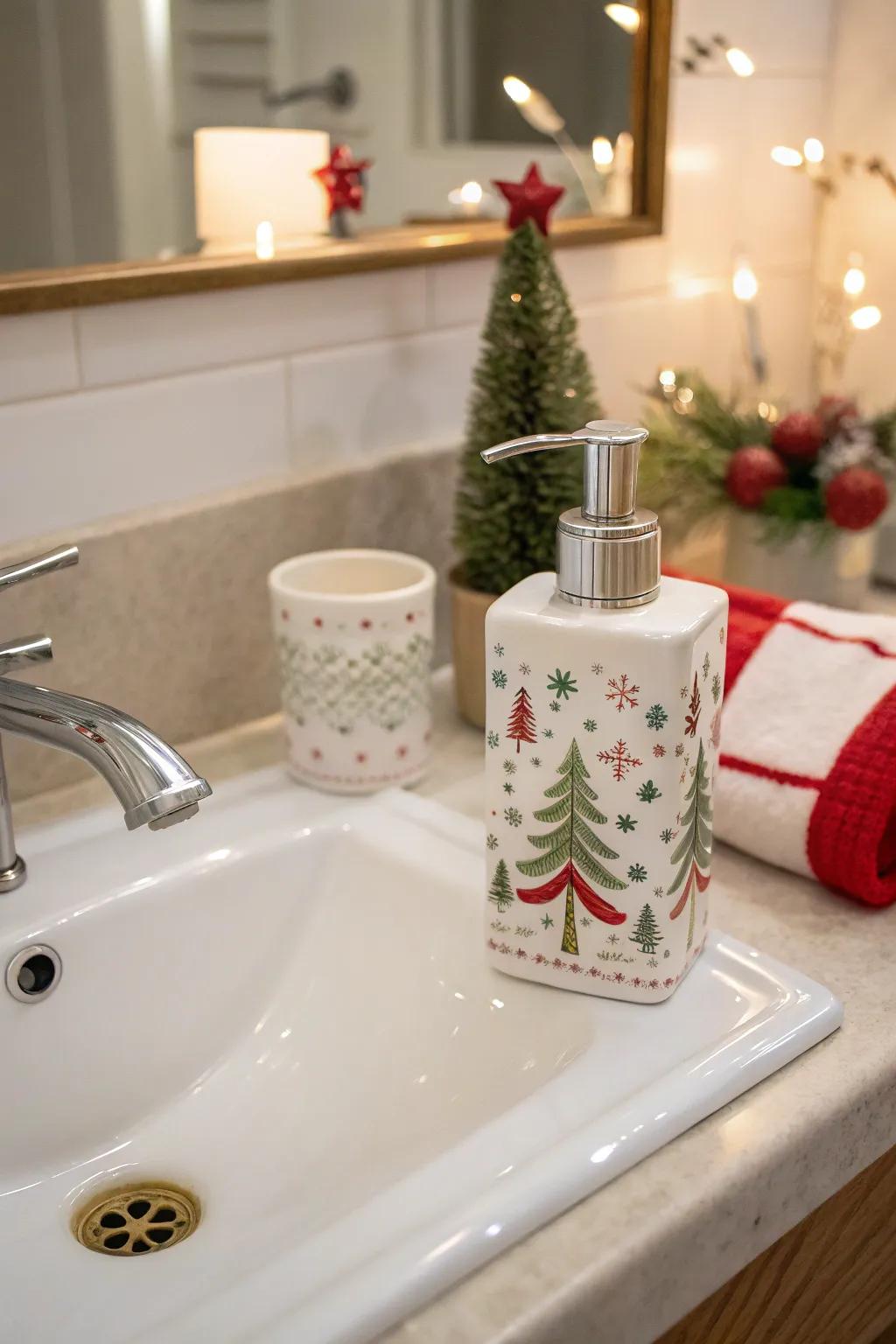 A holiday-inspired hand cleanser dispenser enhances your sink with festive flair.