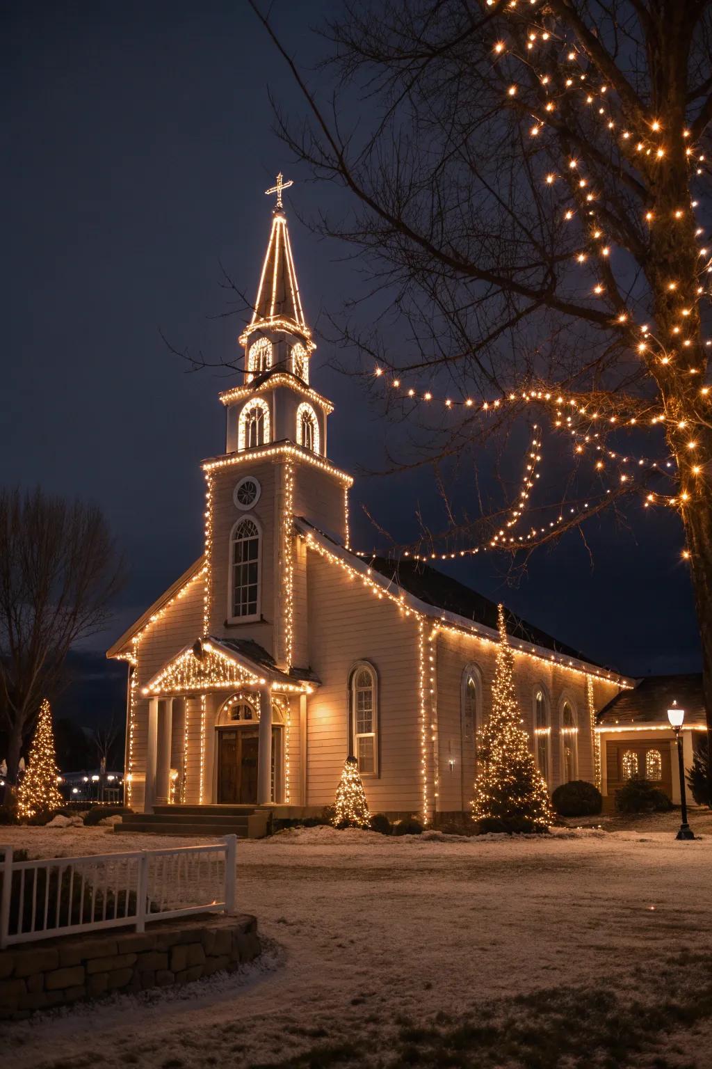 Twinkling lights highlight the church's architectural features with grace.