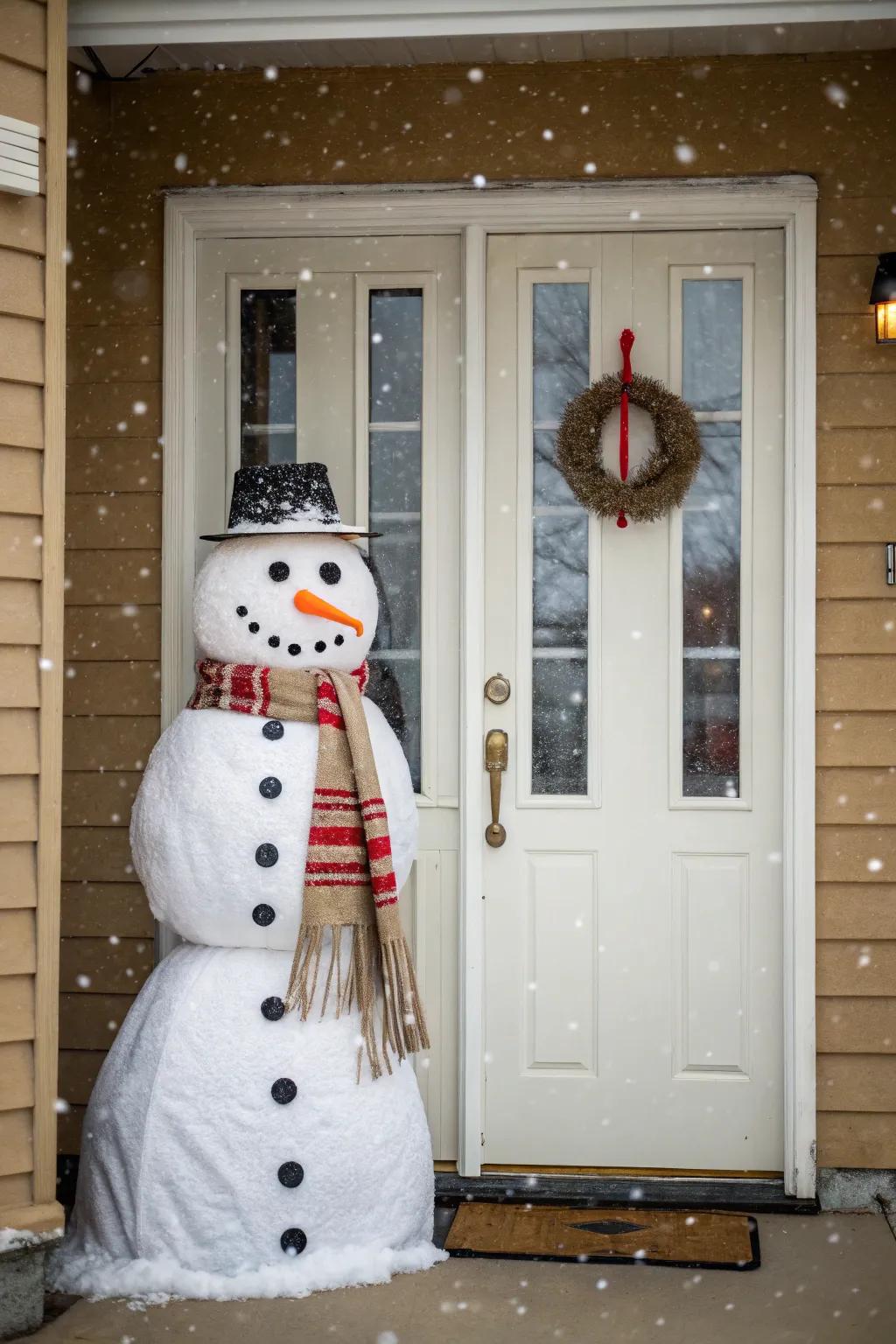 A jolly snowman brings smiles to those passing by.