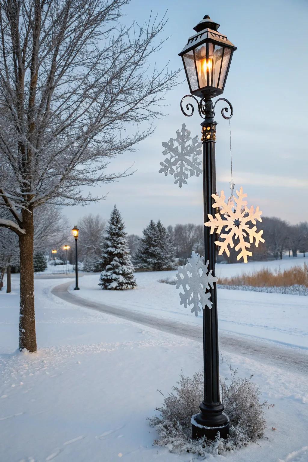 Handmade snowflakes produce a winter wonderland surrounding a lamp post.