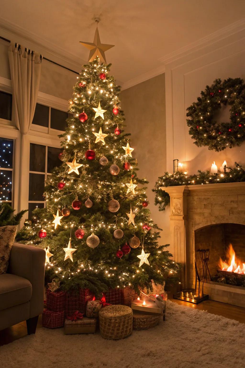 A magical Christmas tree adorned with star-themed ornaments and colorful lights, capturing a cosmic night ambiance.