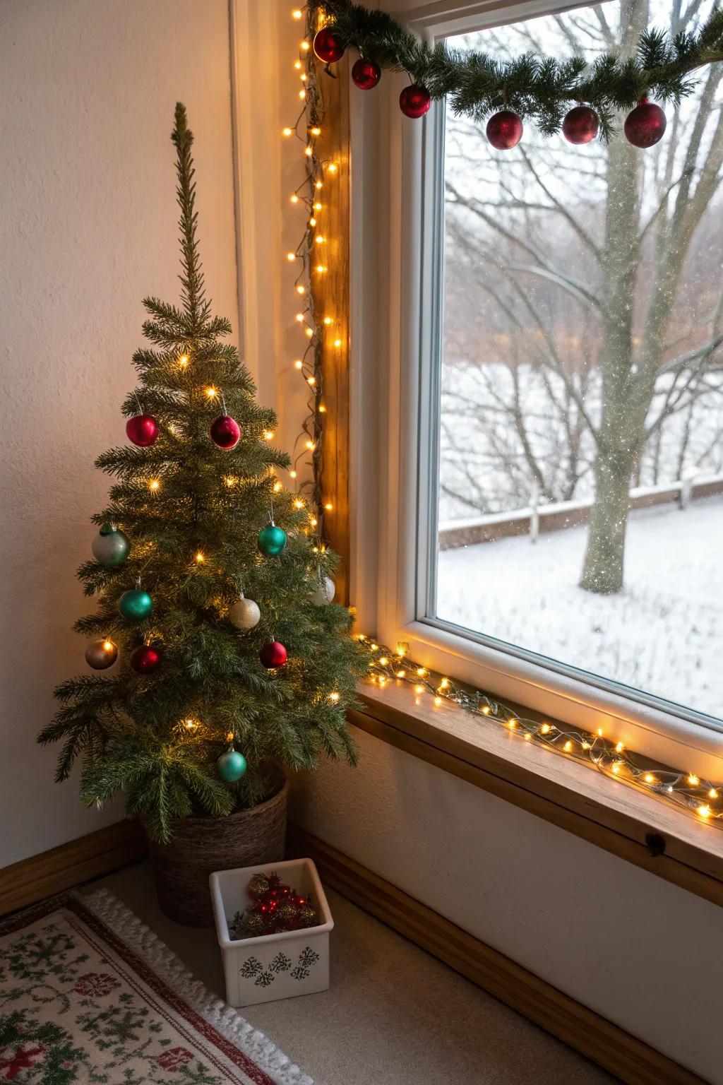 A petite holiday fir contributes a classic element to the window display.