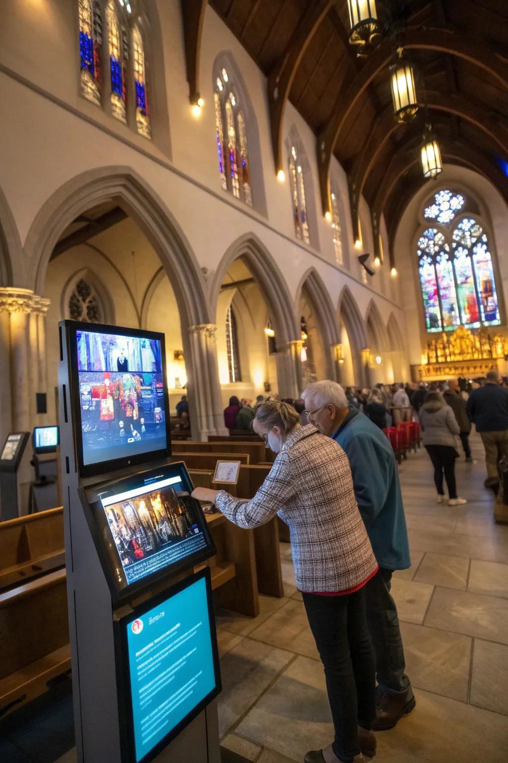 Church interior featuring interactive digital screens.