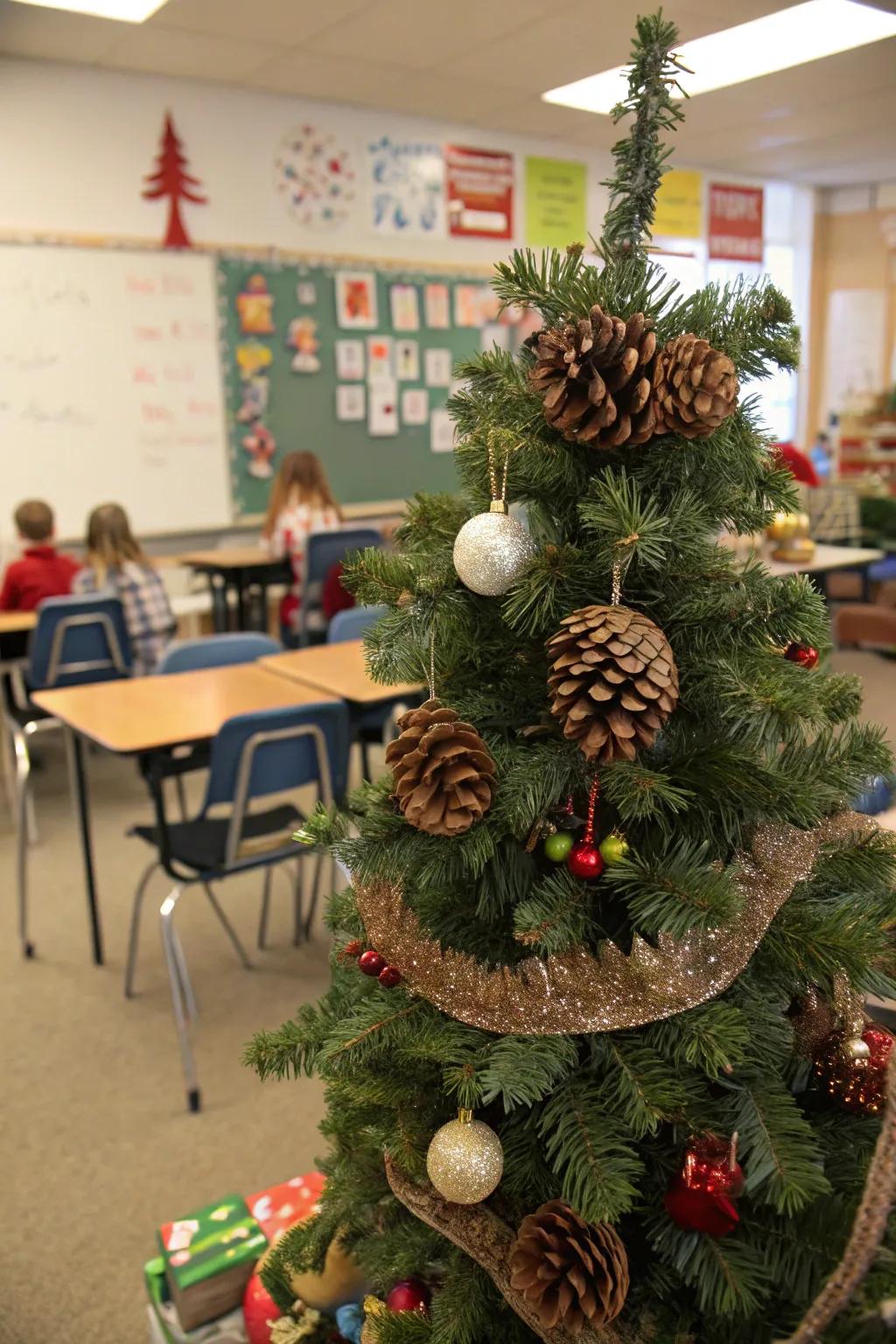 A nature-inspired holiday tree adorned with pine cones