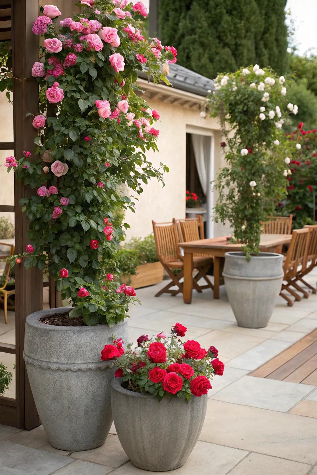 Add seasonal color to patios with planters filled with climbing roses.