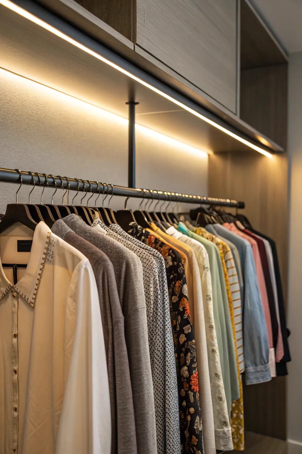 Garment rod lighting provides direct illumination for your hanging garments.