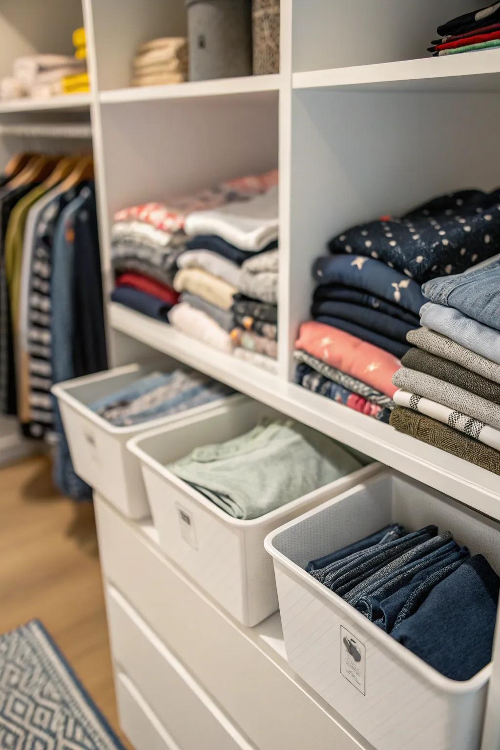 Shelf dividers maintain a neat and orderly closet.