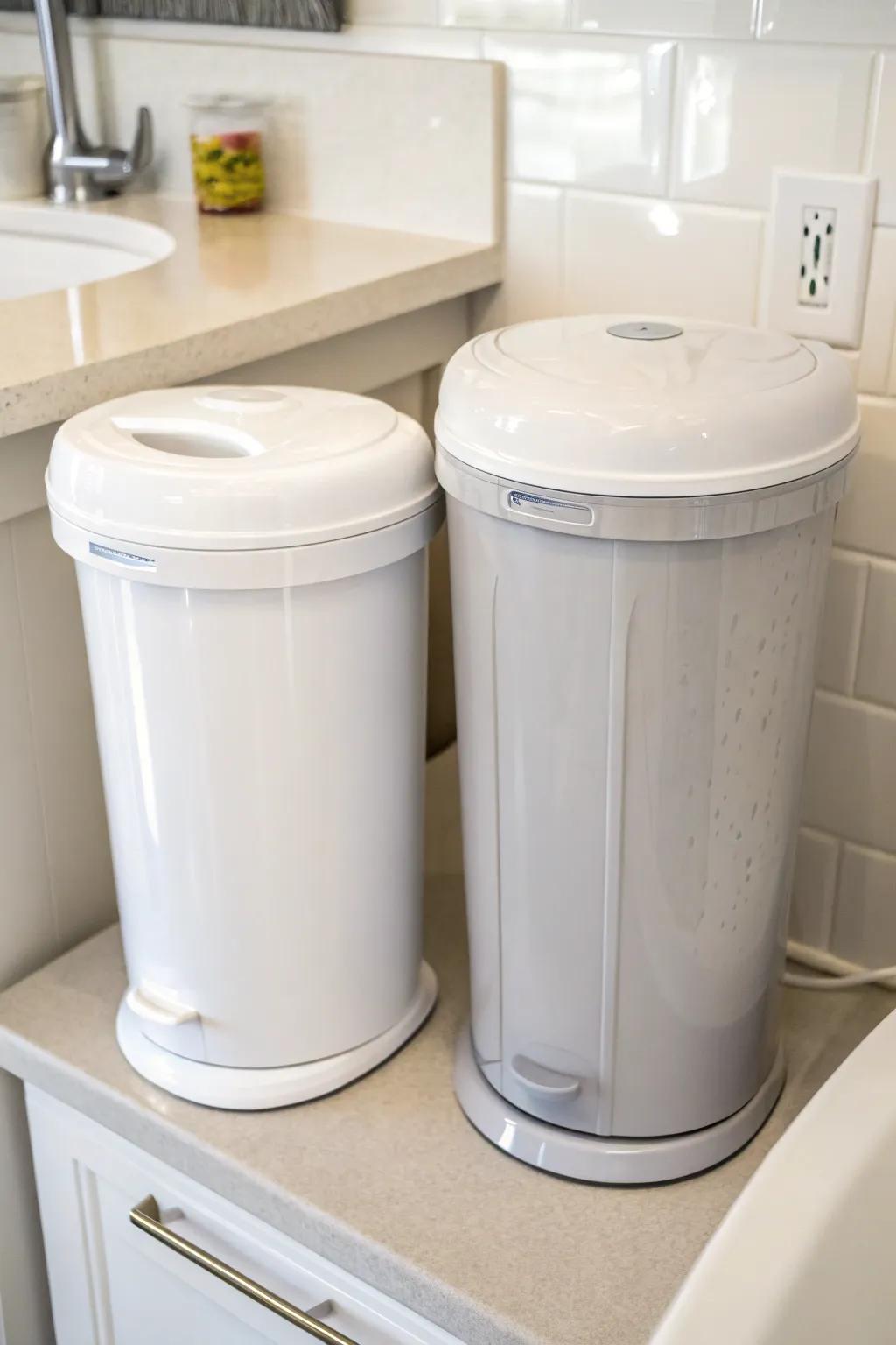 Combining moist and dry receptacles provides a versatile solution for managing disparate diaper components.