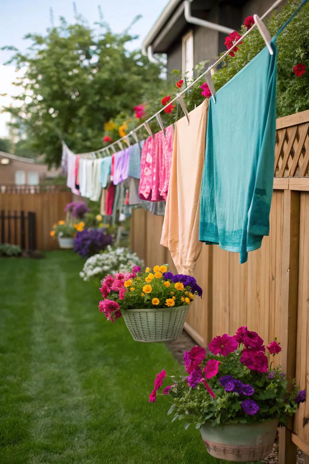 Elevate your clothesline with stunning suspension floral baskets.