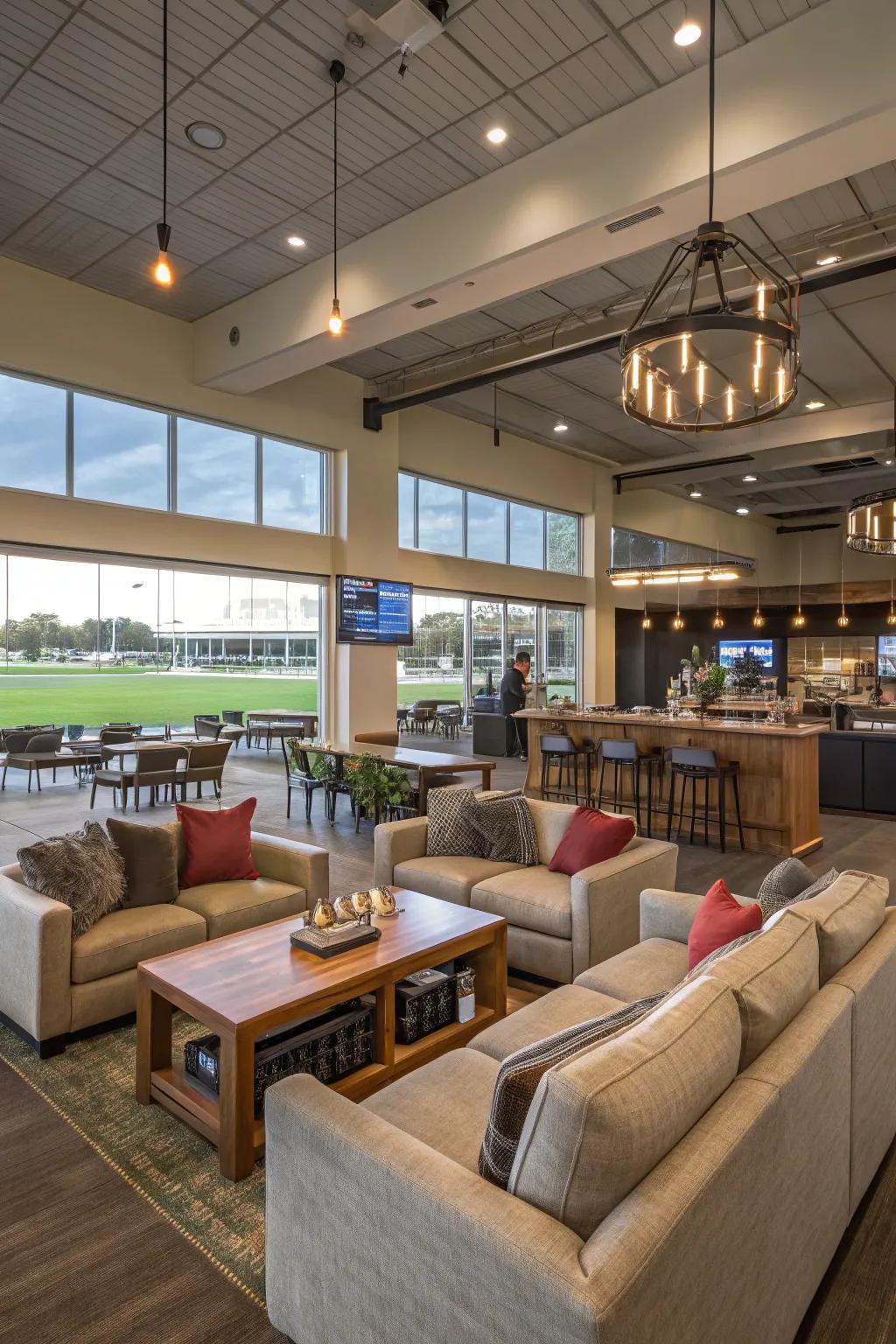 Adaptable zones for hosting occasions and lounging in a clubhouse.