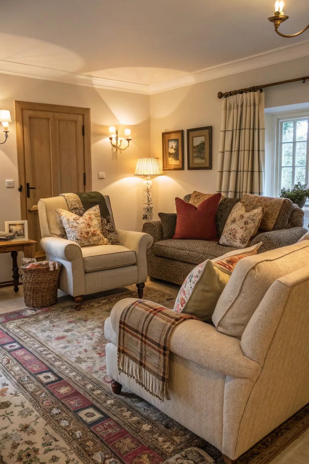 Relaxed seating arrangements for a laid-back coastal vibe.