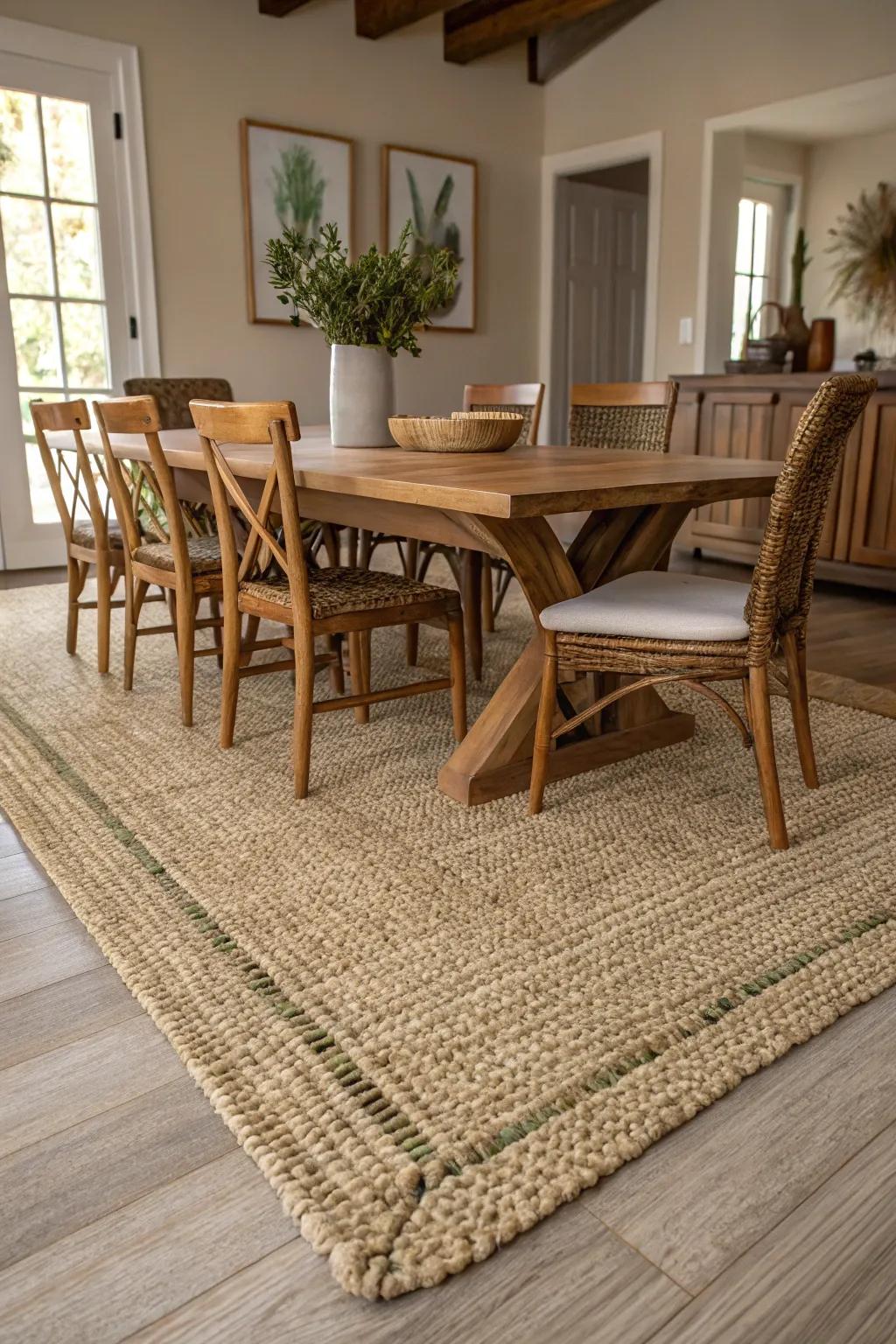 Shore grass floor coverings introduce nature-inspired texture to the dining space.