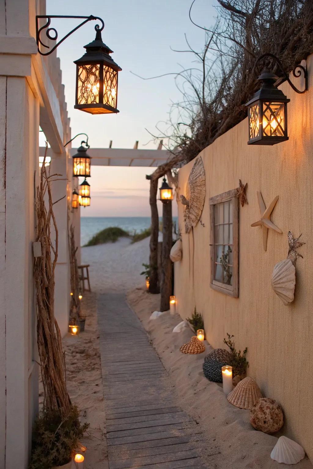 Coastline lanterns establish an inviting coastal ambiance.