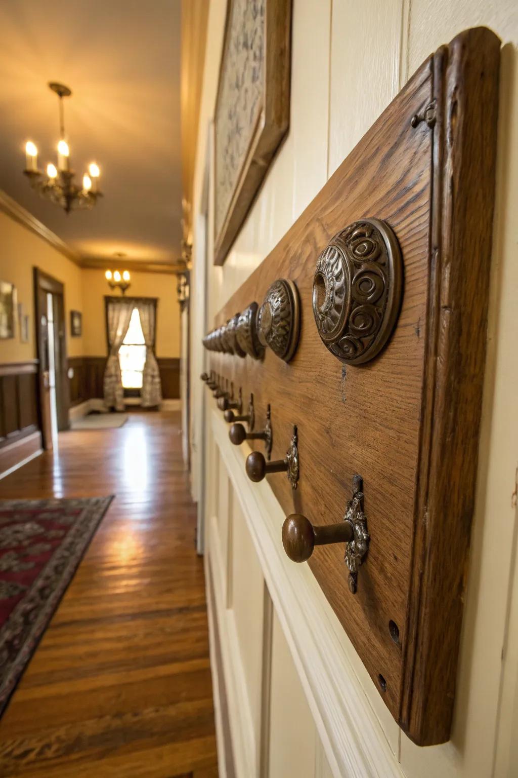 A coat rack sculpted from reproduction door knobs, optimal for a reminiscent element.
