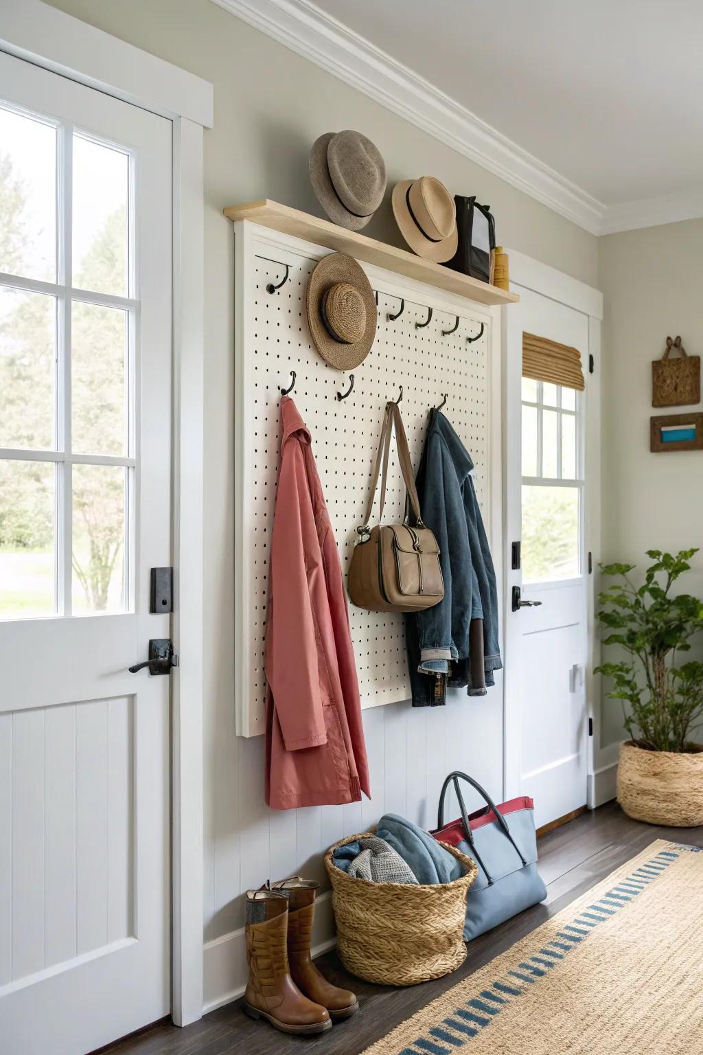 A perforated plank coat rack granting customizable storage options for a dynamic entryway.