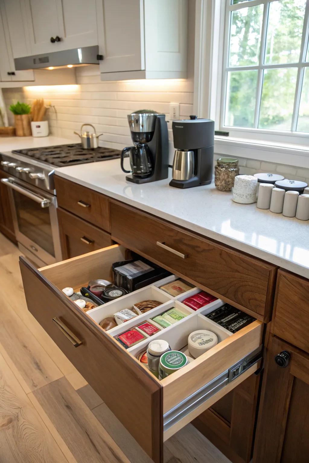 A concealed drawer aesthetic upholds a pristine kitchen ambiance.