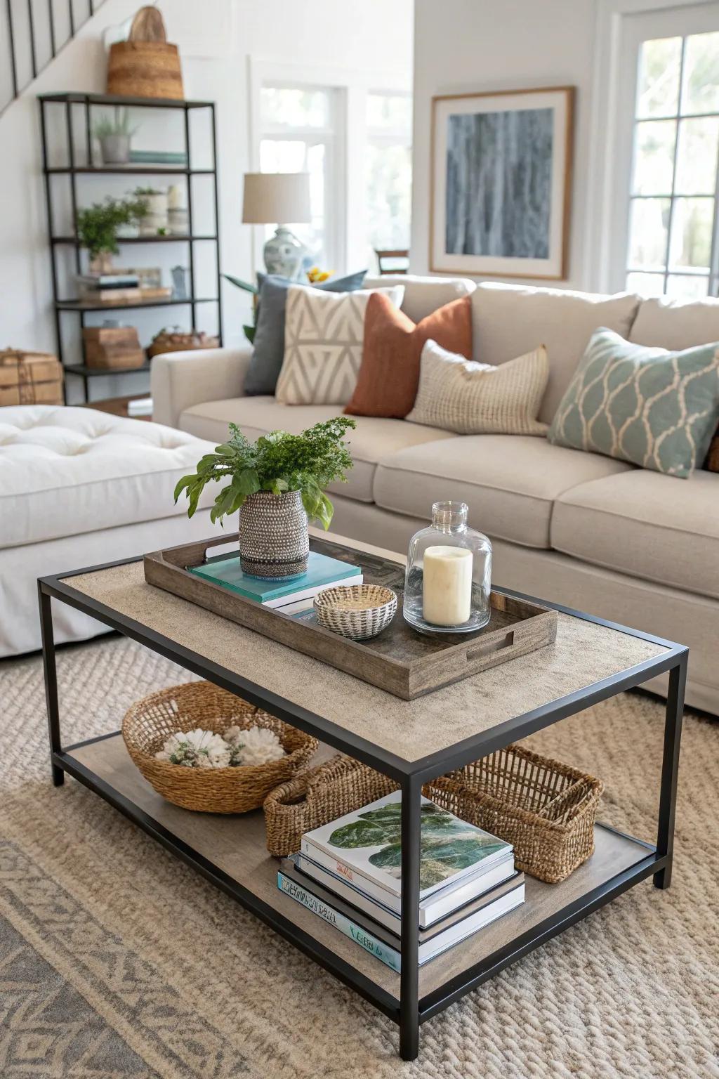 A layered center table offers tiers of design and functionality.