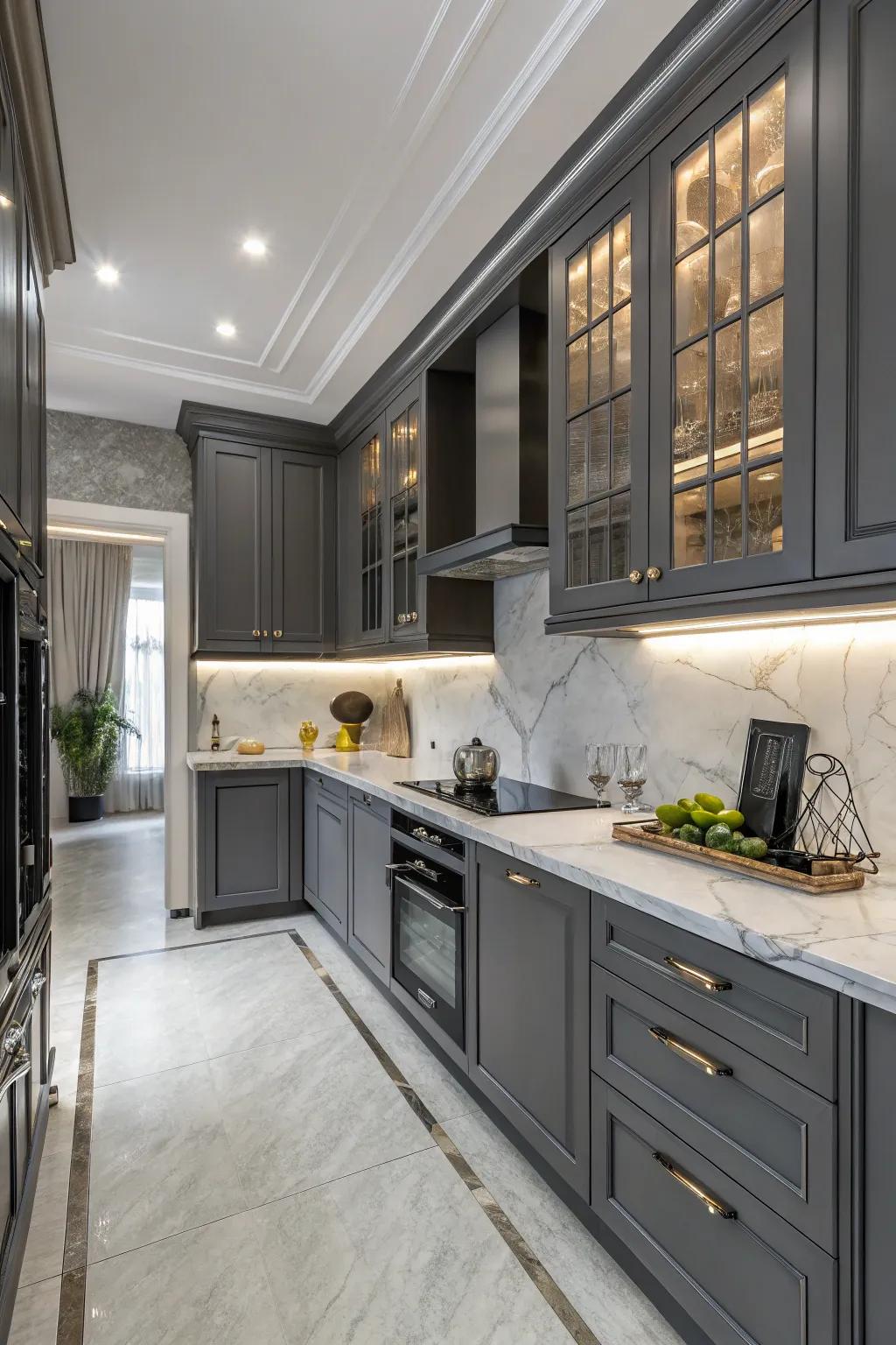 Dark cabinets set against cool stone shades for a sleek and modern kitchen look.
