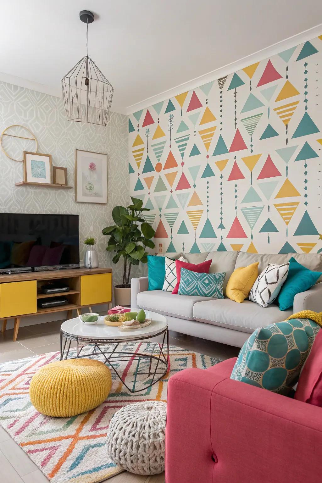 Playful geometric motifs add visual intrigue to this modern and vibrant living room.