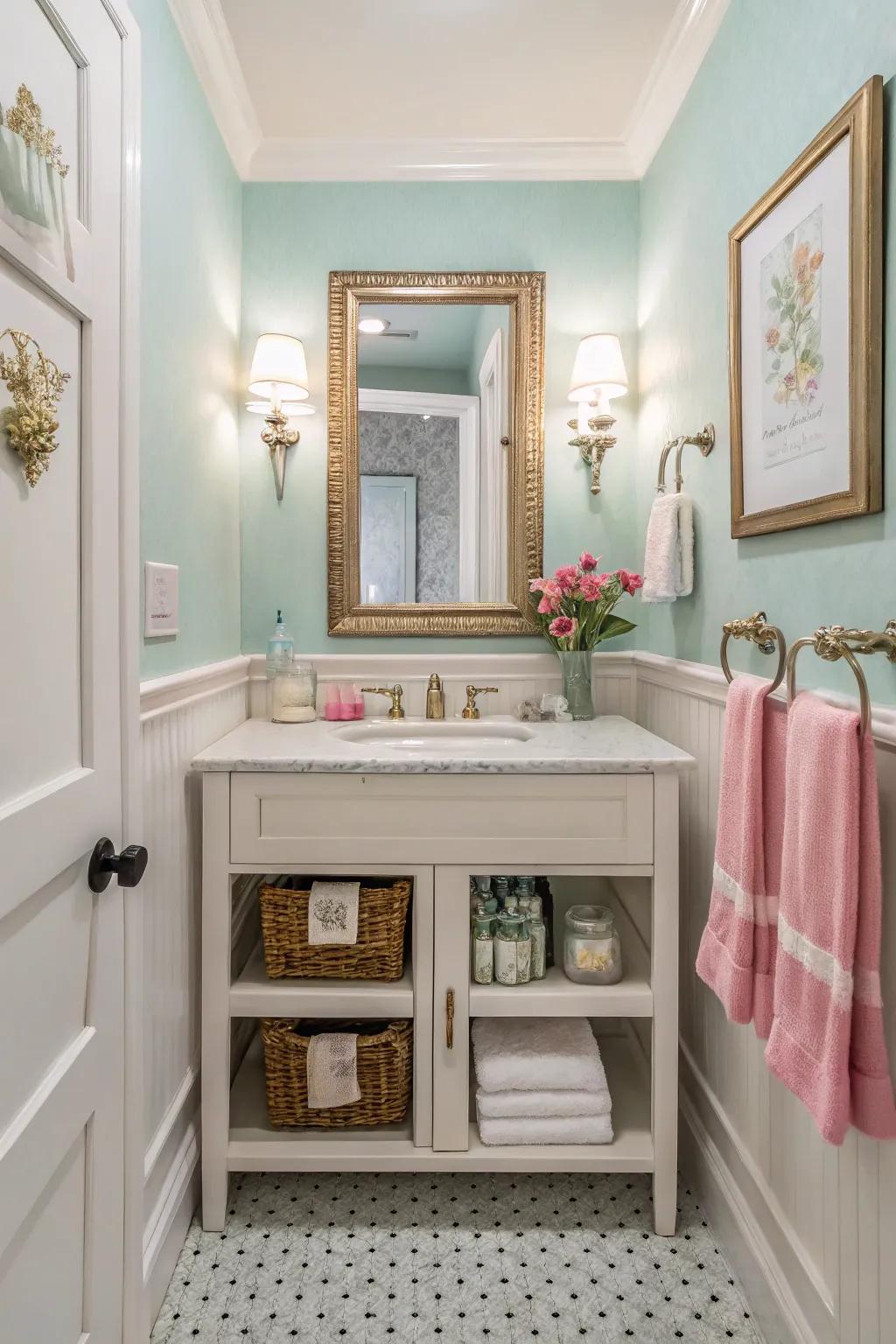 A streamlined guest bathroom with clever utilization of color and ornamentation.
