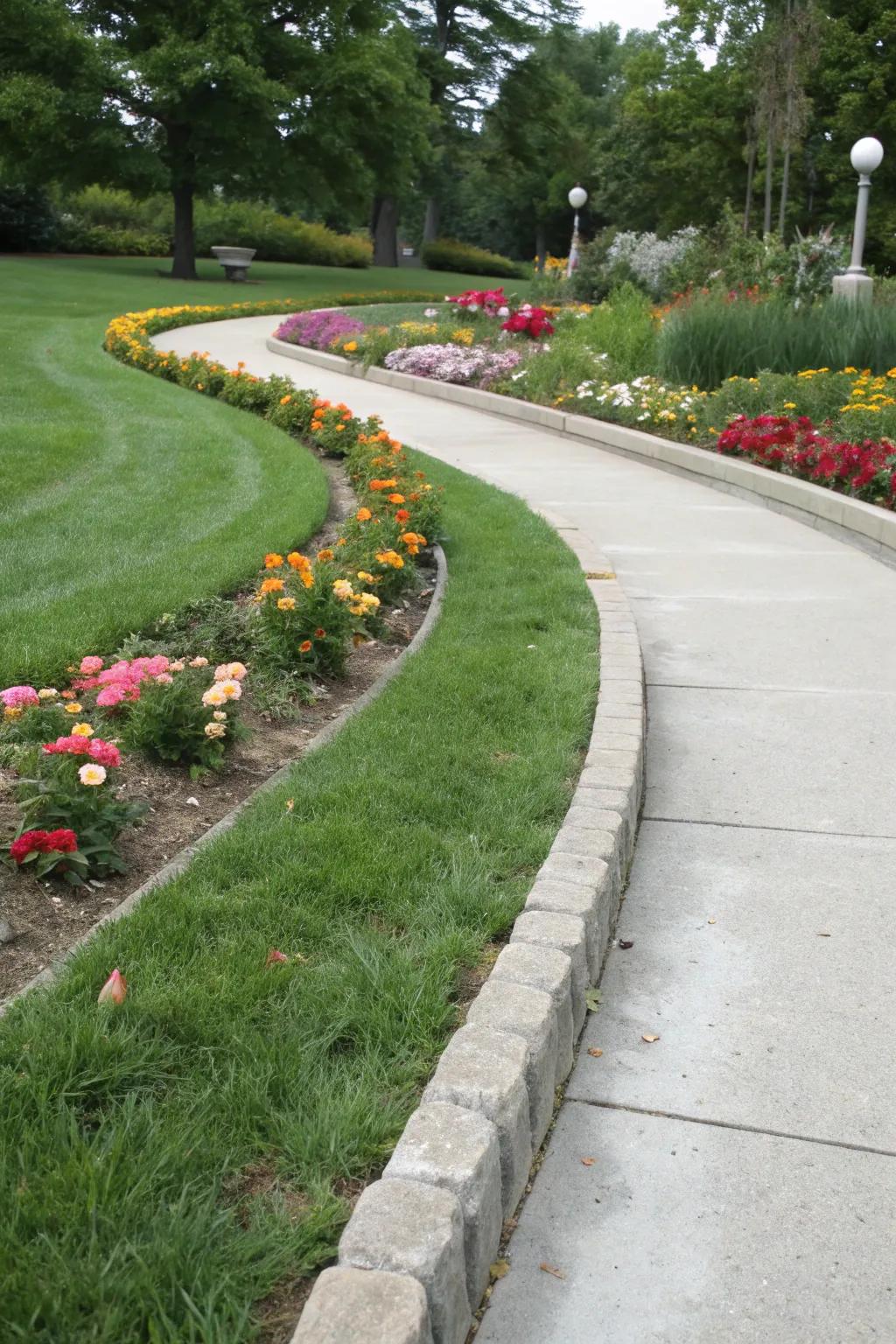 Concrete edging precisely divides garden segments.