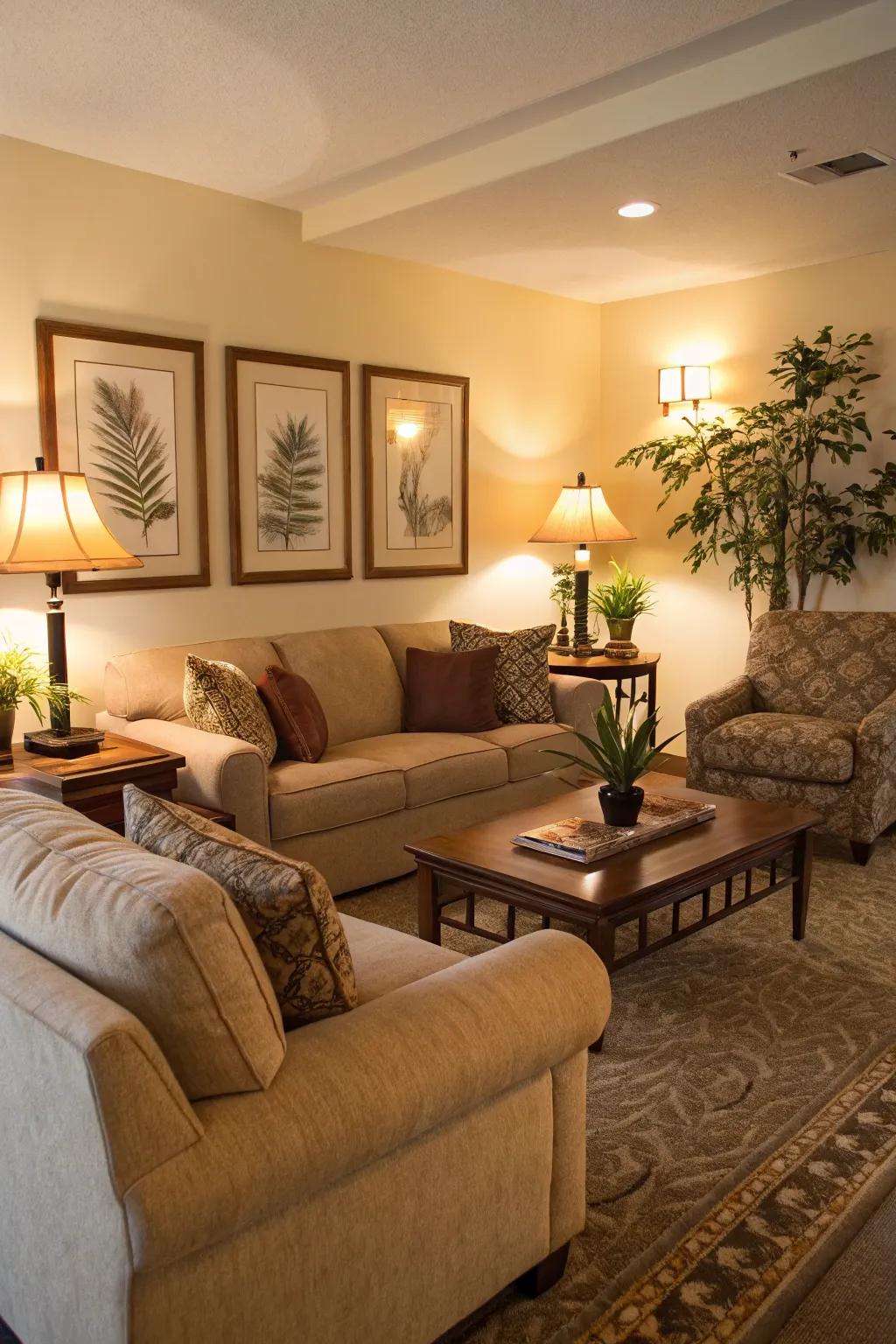A cozy condo living room with plush seating and inviting warm lighting.