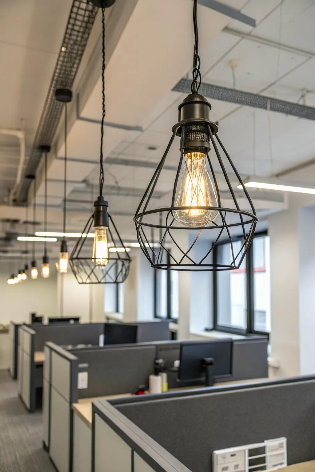 Industrial-style lighting apparatus providing ample light in an office.