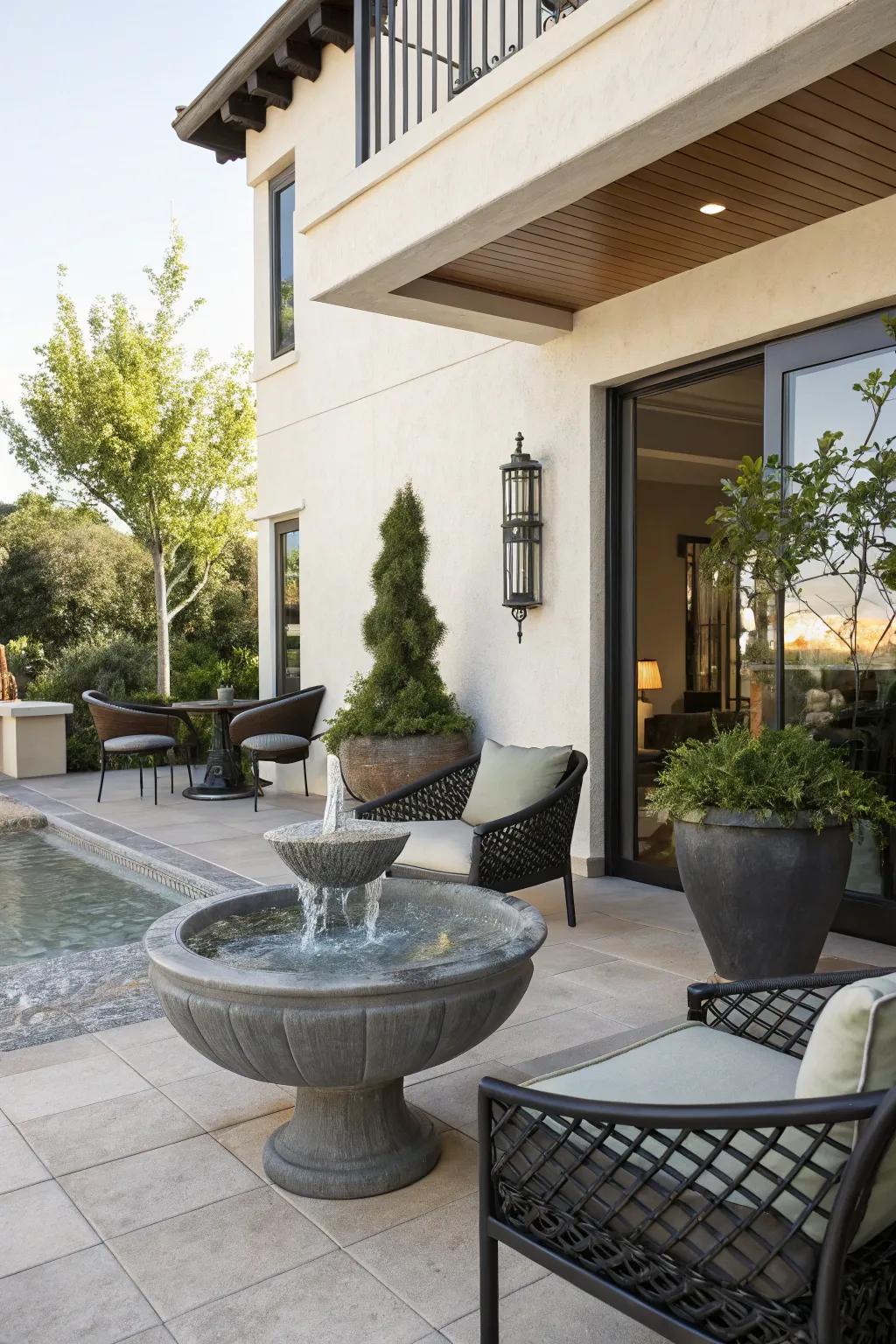 A water feature introduces a serene touch to a contemporary patio.