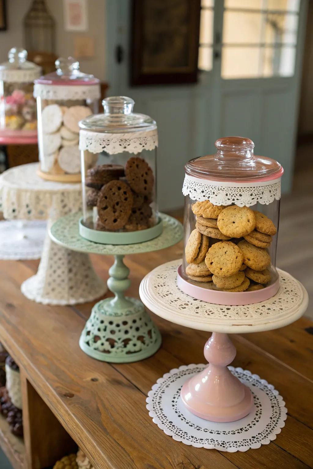 Vintage confection pedestals bestow elegance upon displays.