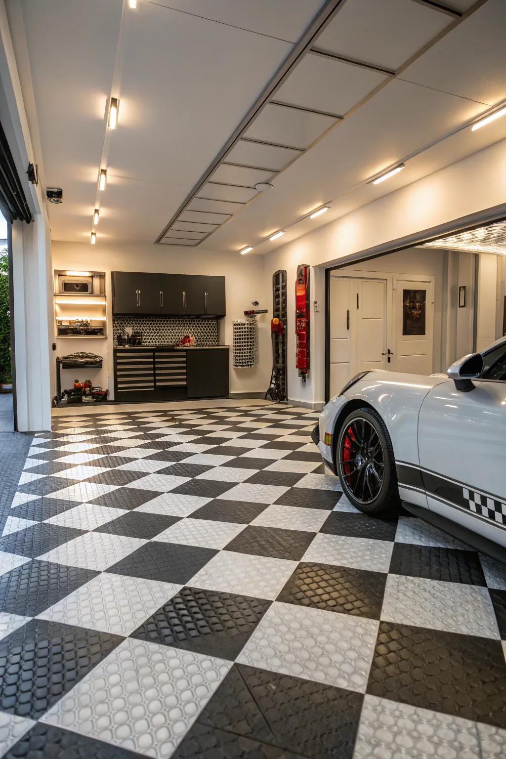 A garage showcasing stylish checkerboard tiling.