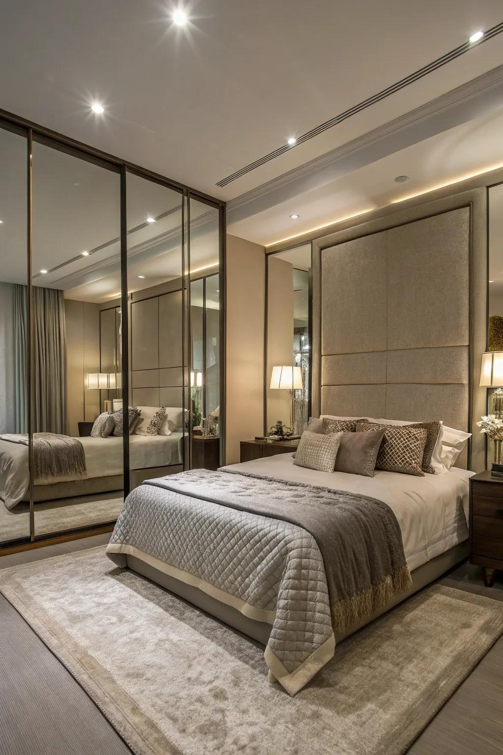 Mirrors maximize space and light surrounding a corner bed.