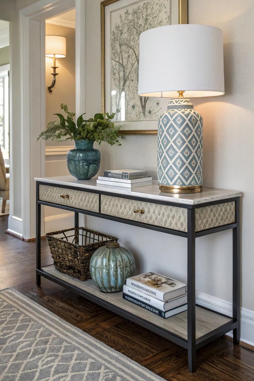 With a sleek console table, enhance corners for added storage and style.