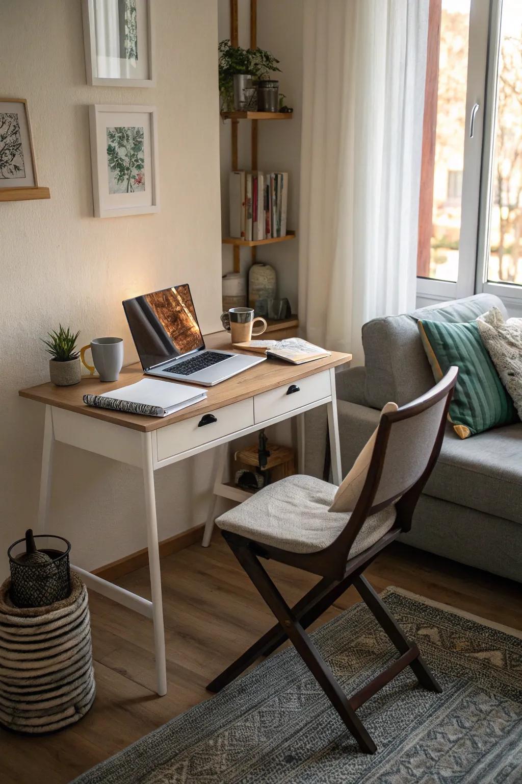 A corner desk transmutes the area into a compact and efficacious workspace.