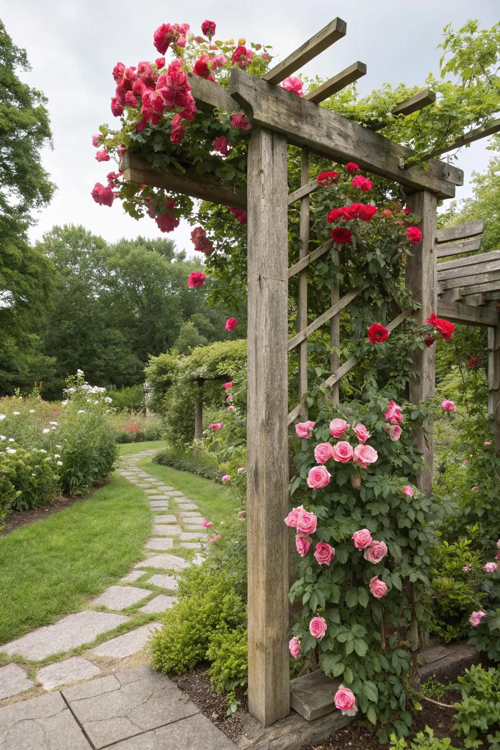A homespun trellis festooned with blooming roses.