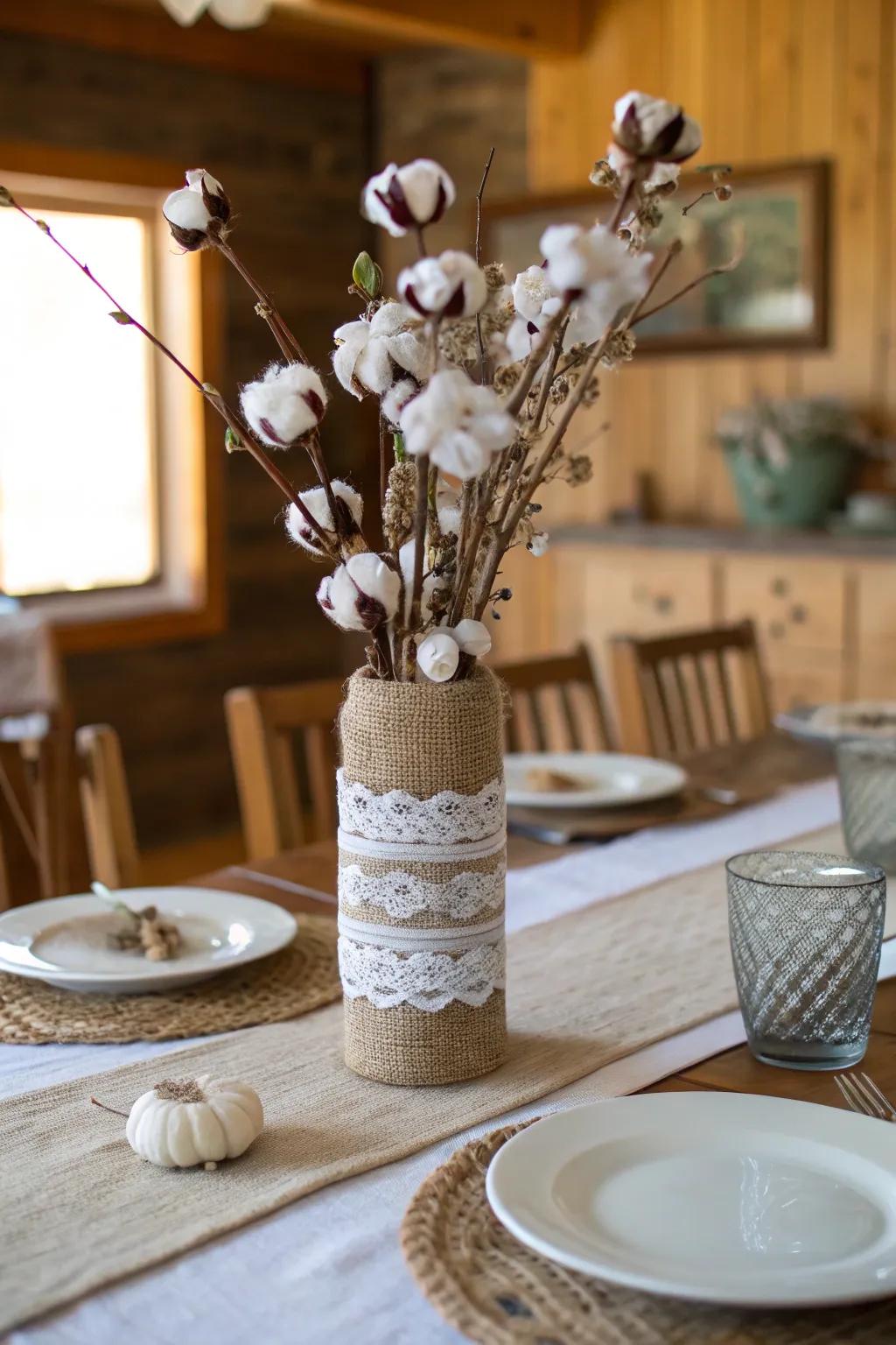 Farmhouse allure with burlap, lace, and cotton stems.