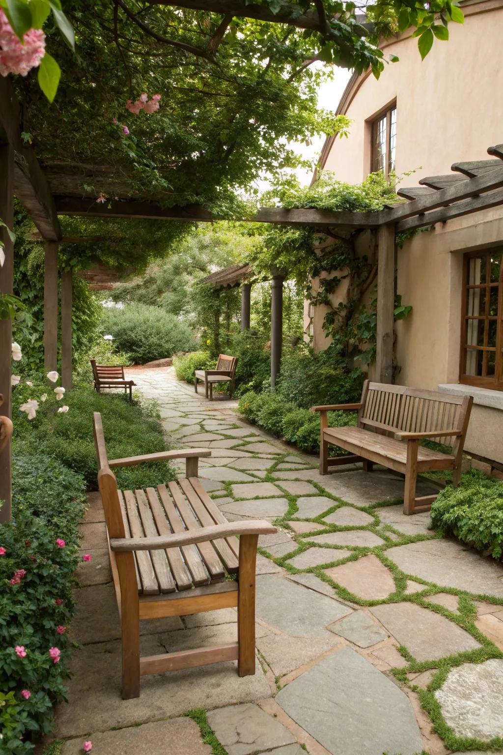 Natural materials create a harmonious outdoor setting.