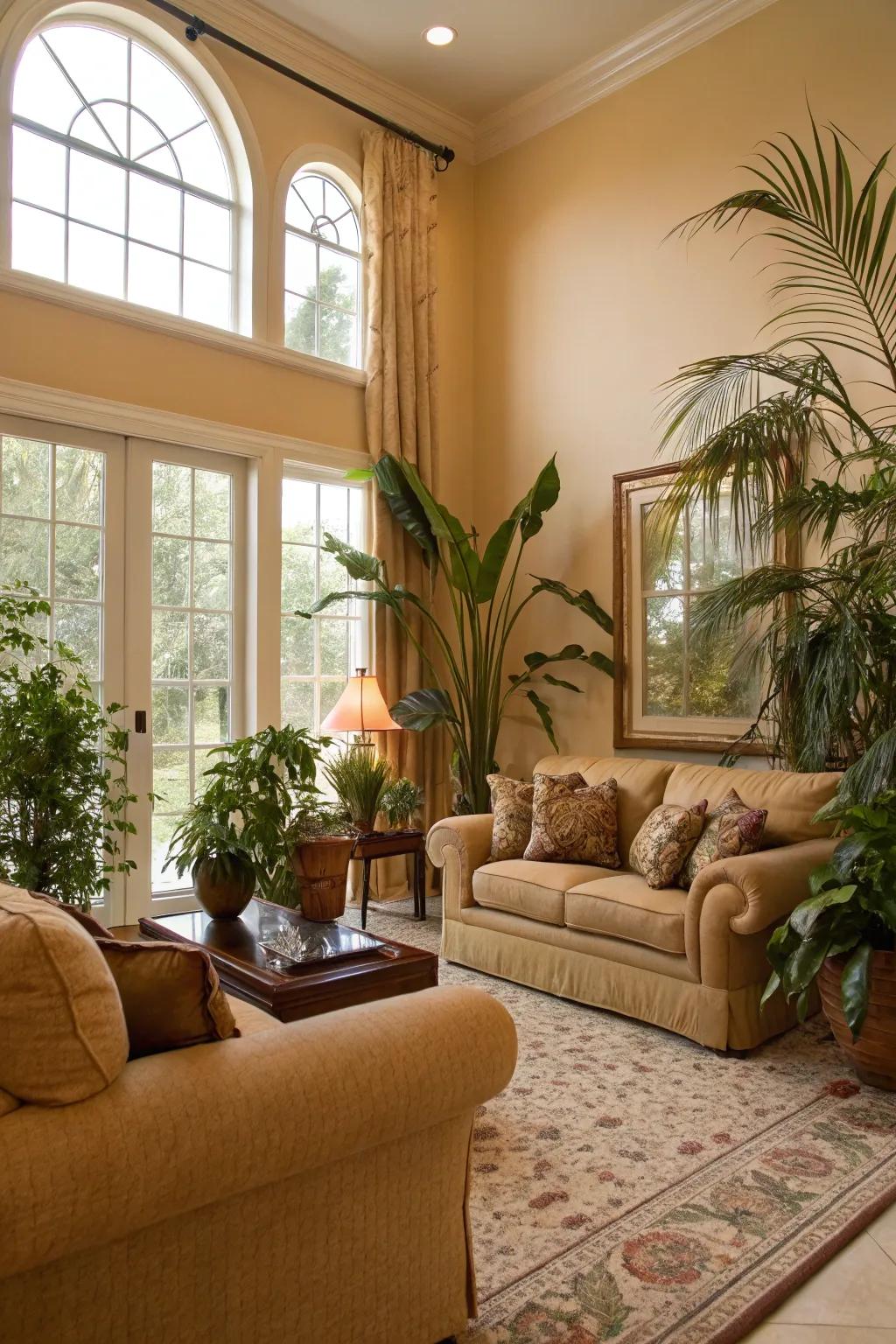 Greenery breathes life into the room.