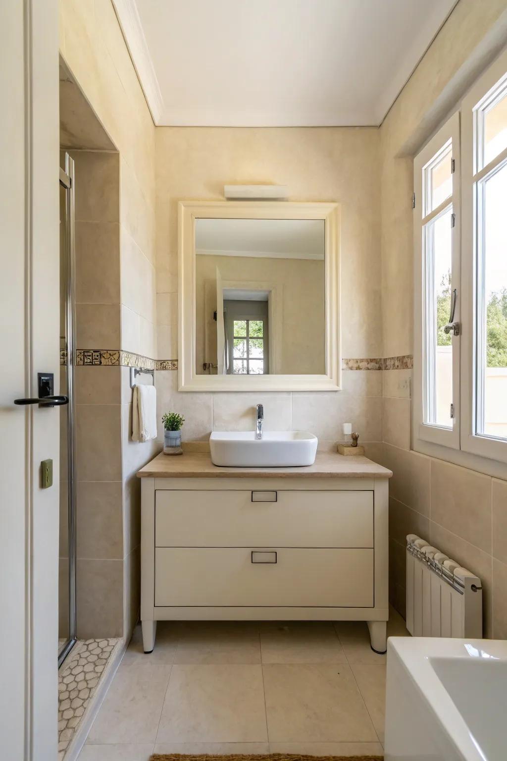 Minimalist decor brings a feeling of calmness to this cream bathroom.
